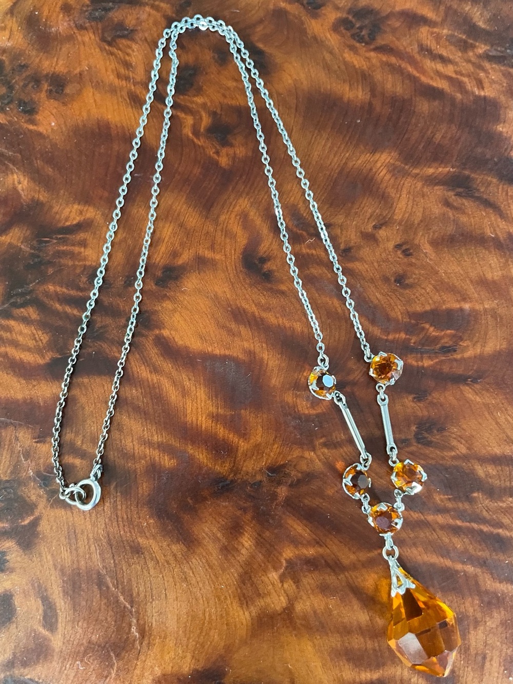 Art Deco Rhodium plated Necklace w Czech Amber & fauceted Crystal Drop